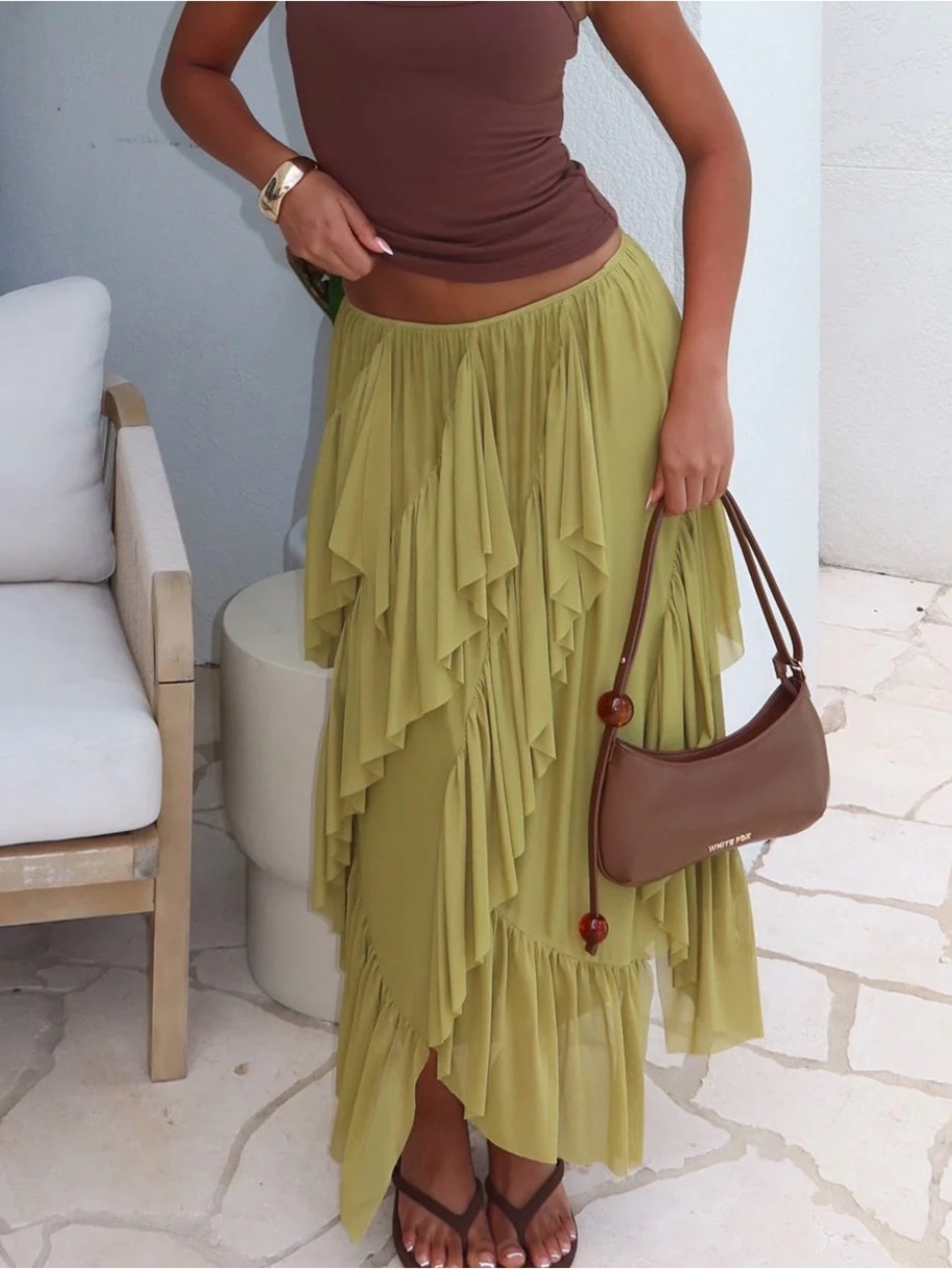 Peppermayo Light Olive Asymmetrical Ruffle Maxi Skirt